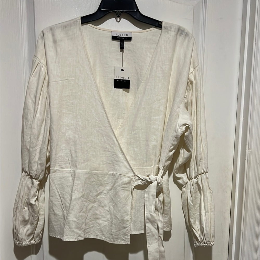 Eloquii Cream Wrap Blouse with Tie Front - Picture 1 of 6